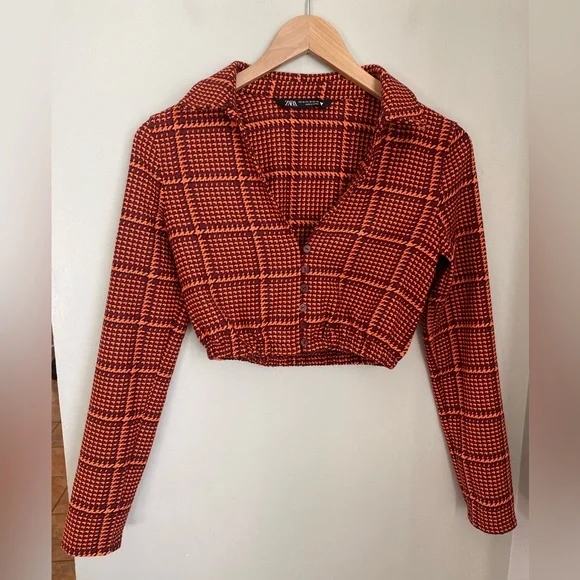Zara Cropped Houndstooth Button-Front Top - XS - Picture 3 of 9